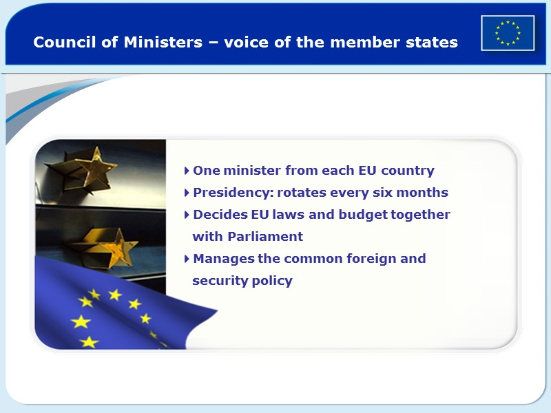 Council of Ministers – voice of the member states 4One minister from each EU